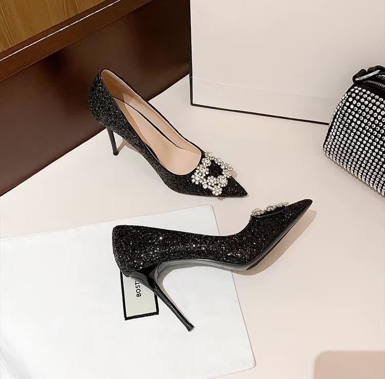 Spring new sequins sexy thin heel rhinestone square buckle dinner single shoes women's pointed head light mouth black high heels