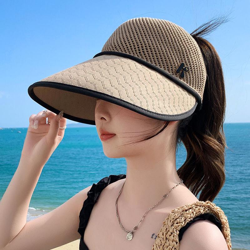 Women's Breathable Wide Brim Sun Hat with UV Protection, Open Top, Ponytail Tie, Mesh Design for Summer Cycling