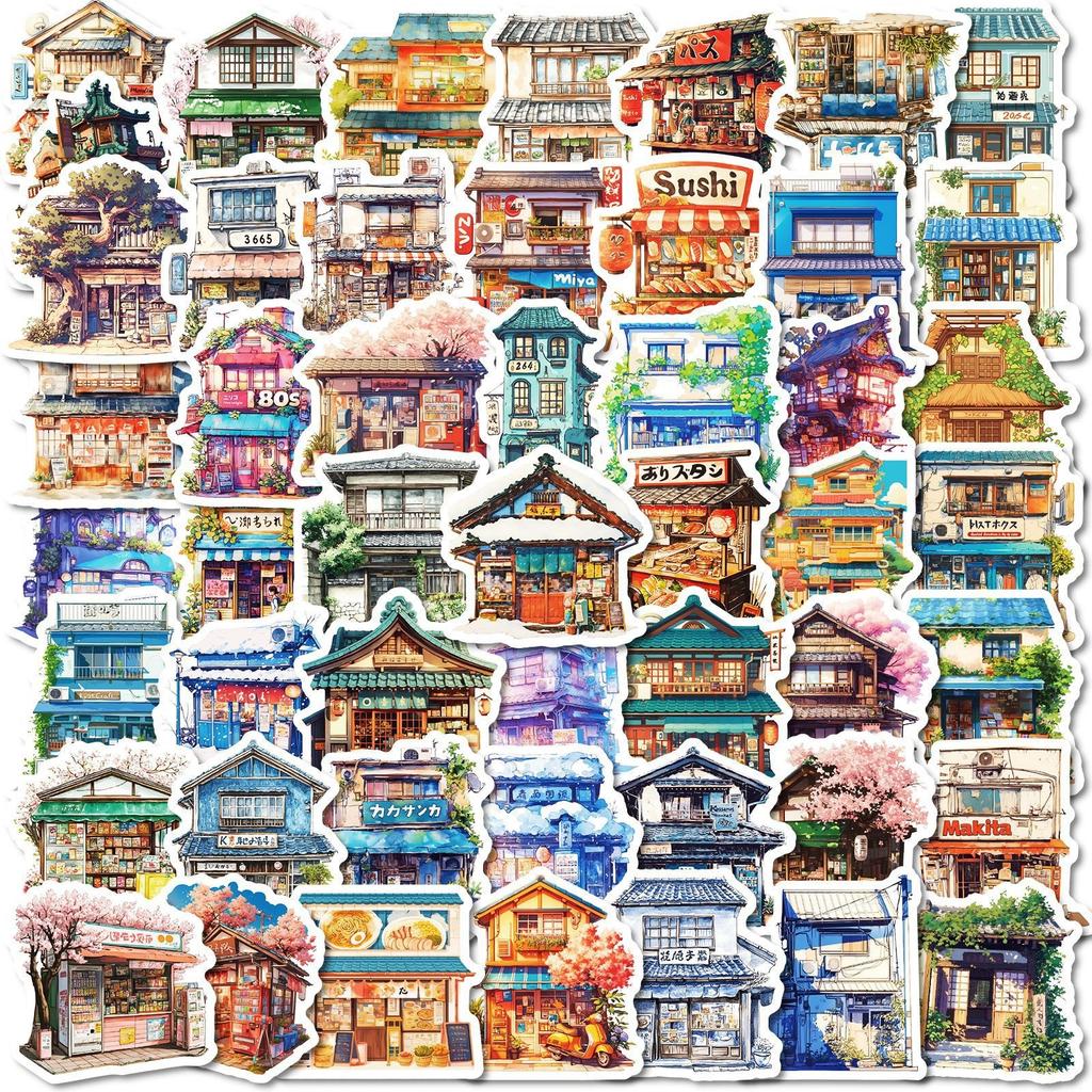 50 Japanese Style Building Series Hand Account Material Decoration Collage Base Sticker Cartoon Hand-painted Graffiti Waterproof Decoration