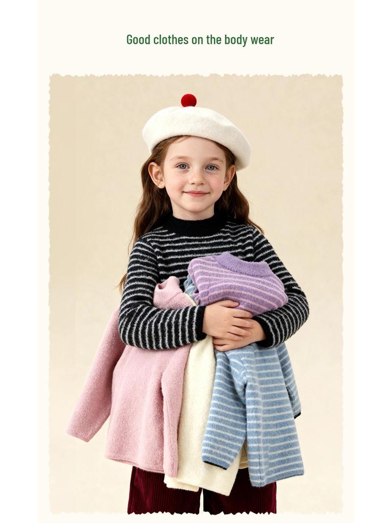 Tongbei 2025 Winter Girls' Striped Semi-High Neck Sweater: Soft, Warm, Versatile