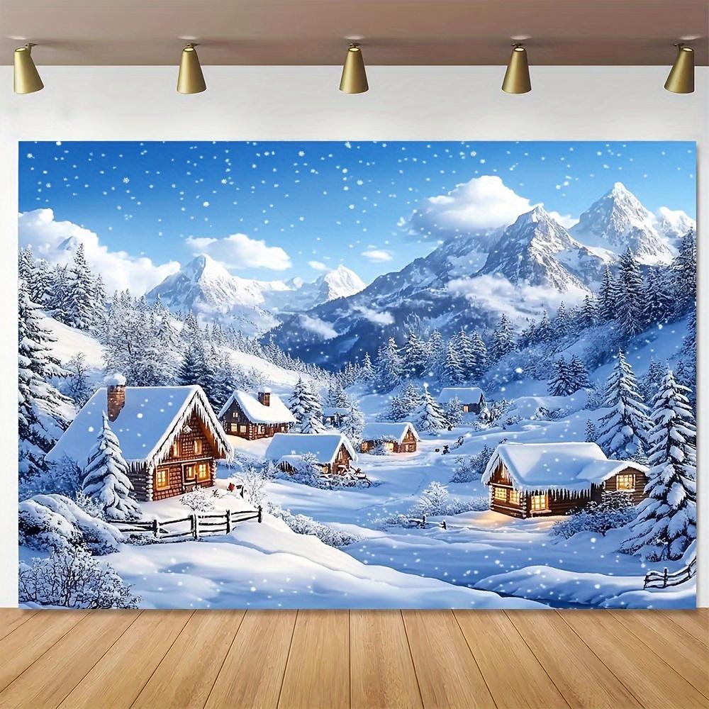 A winter Christmas village polyester background with a snow-covered cottage suitable for festive party decoration