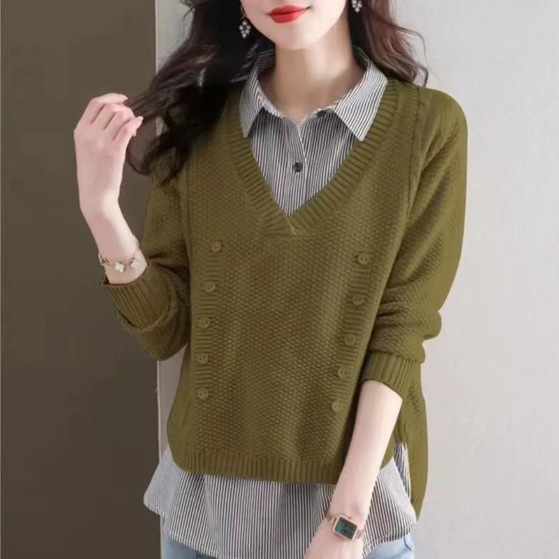 Fake Two Piece Top Knit Sweater Women's Splice Shirt Collar 2024 Spring Autumn New Korean Loose Long Sleeve Sweater Brown Shirt