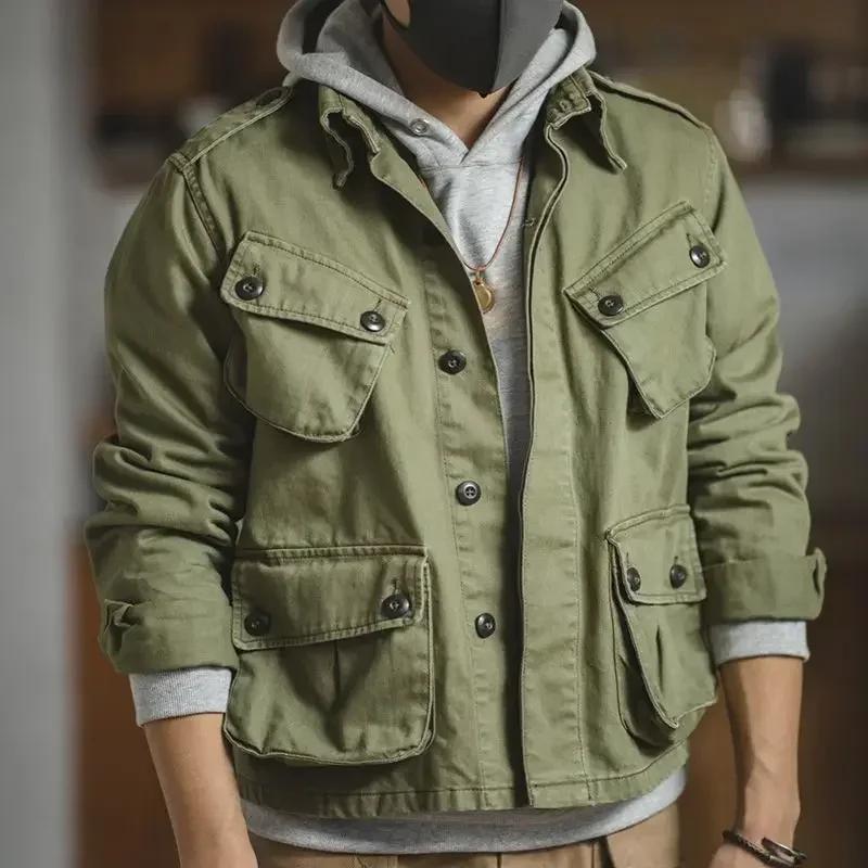 Bomber Jacket Men Multi-pockets Single Breasted Military Tactical Jacket Spring Autumn Windbreaker Solid Long Sleeve Retro Coat
