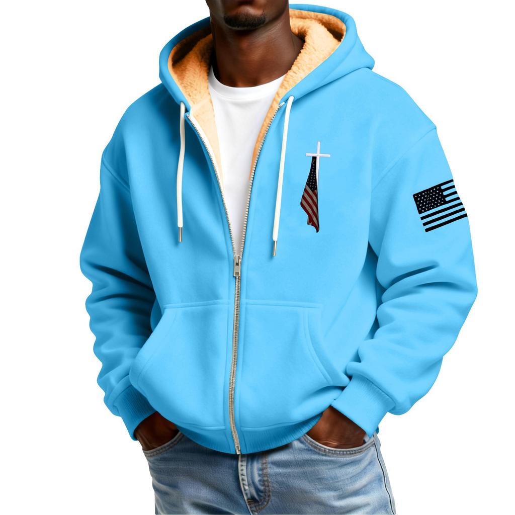 Men's Flag Print Fleece-Lined Zip-Up Pocket Hooded Sweatshirt Cardigan Men's Casual Sweatshirt Cardigan