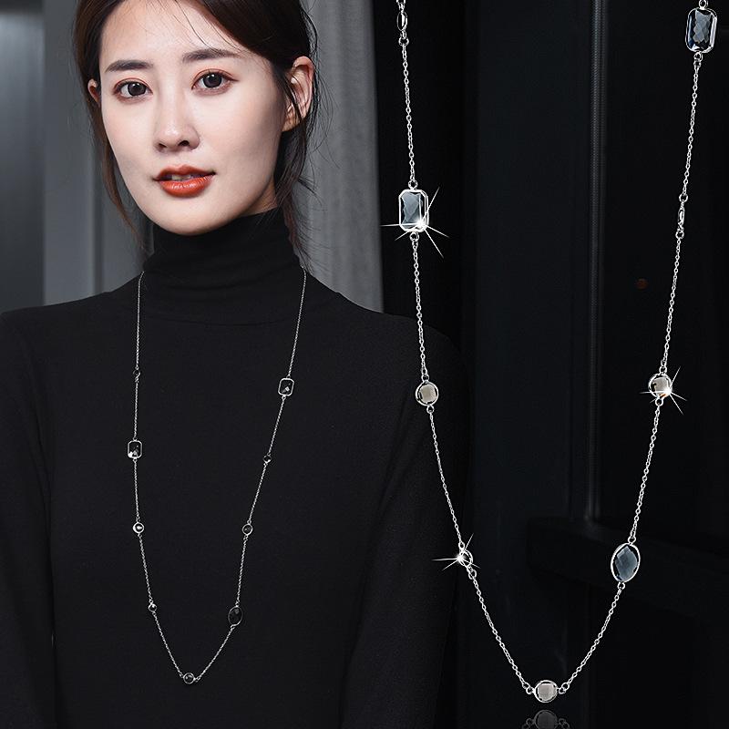 Geometric Crystal Long Sweater Chain Necklace for Women Metal Chain Necklace Fashion Jewelry Gift