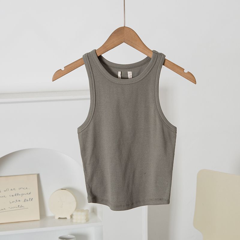 

94% Cotton! Texture Good @ Export USA Short round Neck Cotton Cami Women Inner wear Base Gyaru Top Foreign Trade Army Green XS