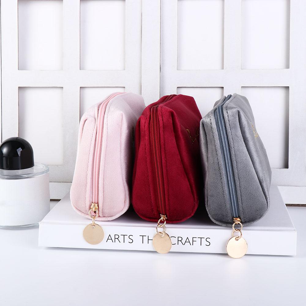 Women Zipper Simple Velvet Makeup Bags Lipstick Pouch Cosmetic Bags Handbags