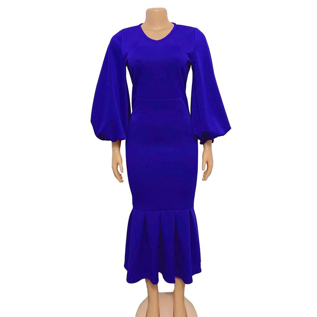 Women's Spring New Fashion Large Size V-Neck Long Sleeve Sexy Fishtail Dress Dress