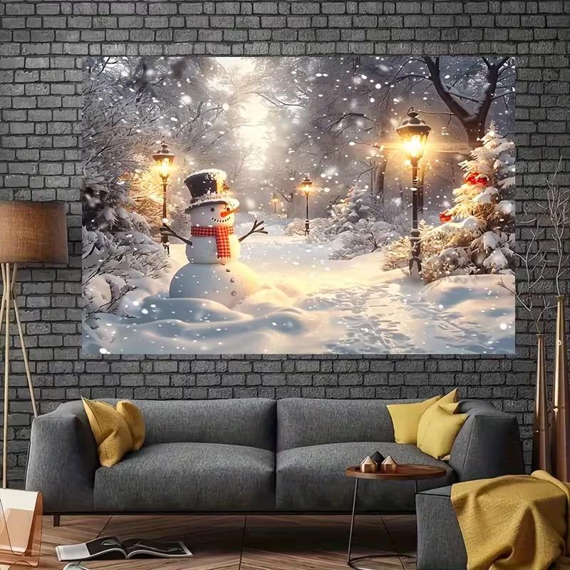 2D Christmas Snowman Photography Backdrop, Snowy Street Lamp & Forest Scene