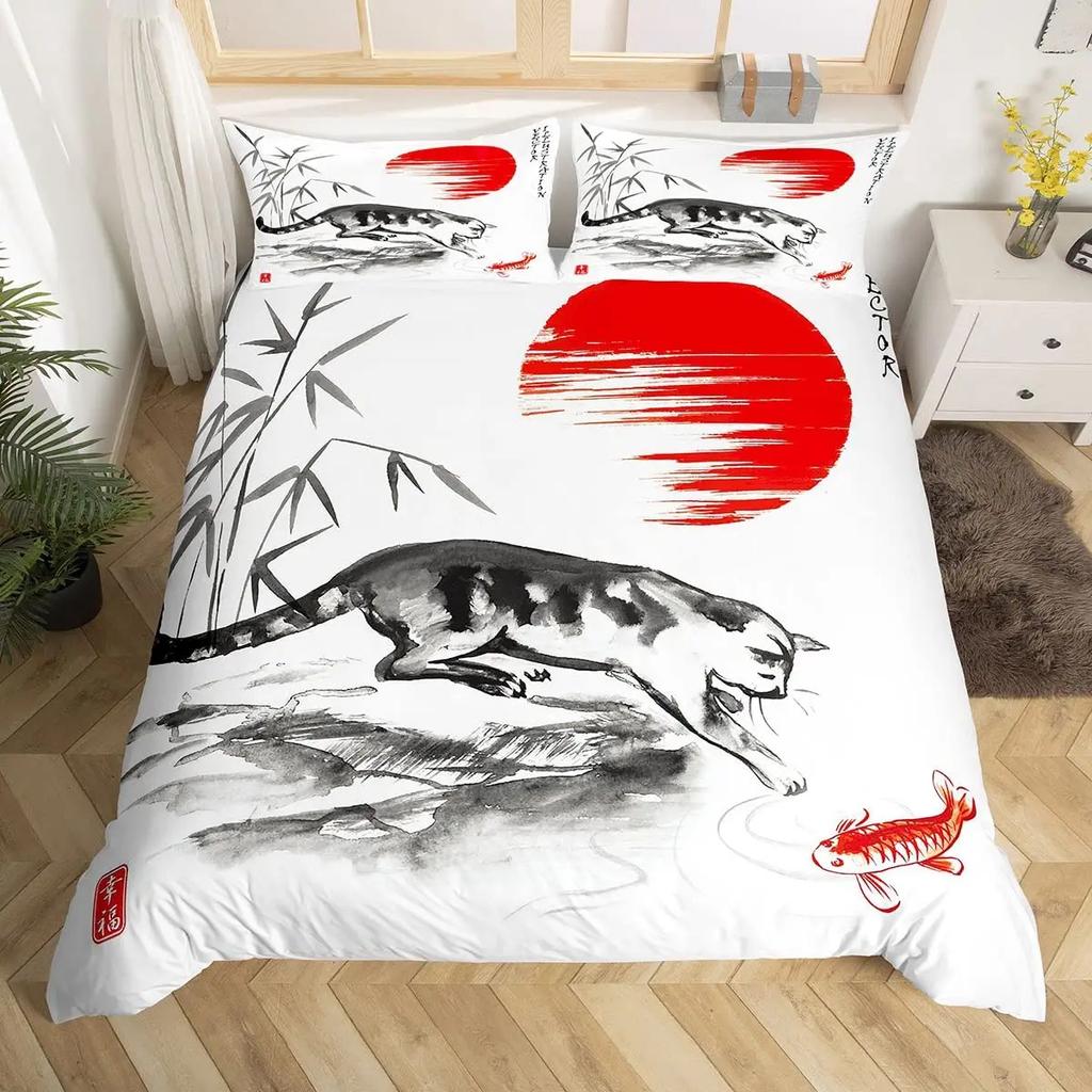 Comforter Koi Fish Carp Tie Dye Bedding Sets Traditional Chinese Ink Art Lotus Leaf Nature Full Size