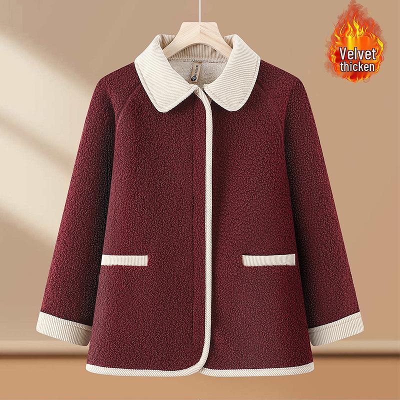 

2025 New Style Faux Lambswool Coat for Middle-Aged & Elderly Women - Winter Plus Velvet Thickened Cotton Jacket 5XL (150-165 jin) вина червоного кольору