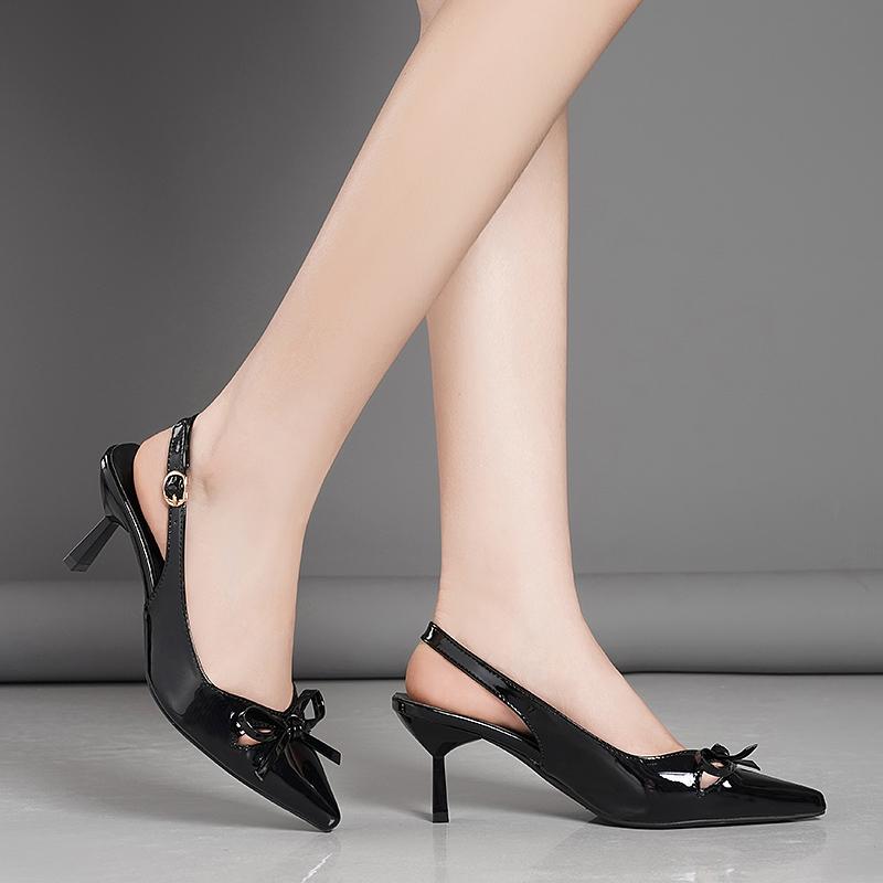 Fashion French Mid-high Heel Red Bundle Sandals Fairy Shoes New Patent Leather Bow Pointed Toe Single Shoes