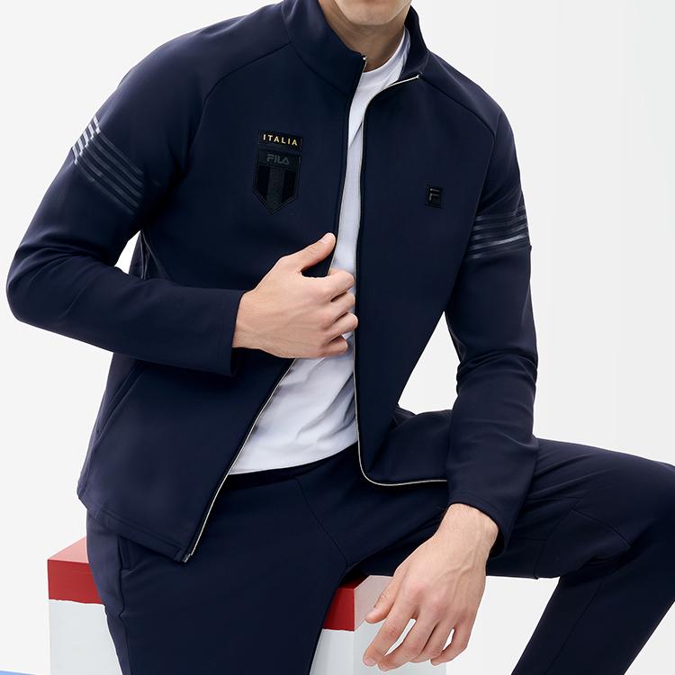 FILA Athletics Letter Print Sports Knitted Fleece Stand Collar Jacket Men jackets Dark-Blue A11M211507F-NV