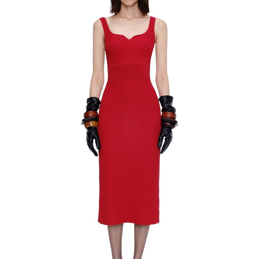 Karl Lagerfeld French Style Lightweight Luxury Slim Fit Knit Solid Color Sleeveless Dress Women dress Red M21L1343