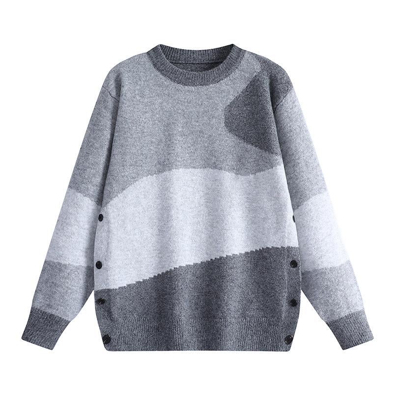 

Men s Winter Color Block Round Neck Sweater - Trendy Korean Style Knitwear Pullover Large сірий колір