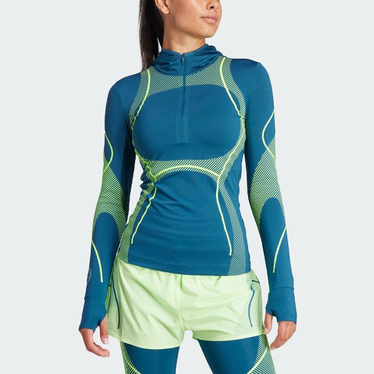 Adidas X Stella McCartney Color Block Logo Slim Fit Hooded Long Sleeve Regular T-Shirt Women Tops Blue IT9050