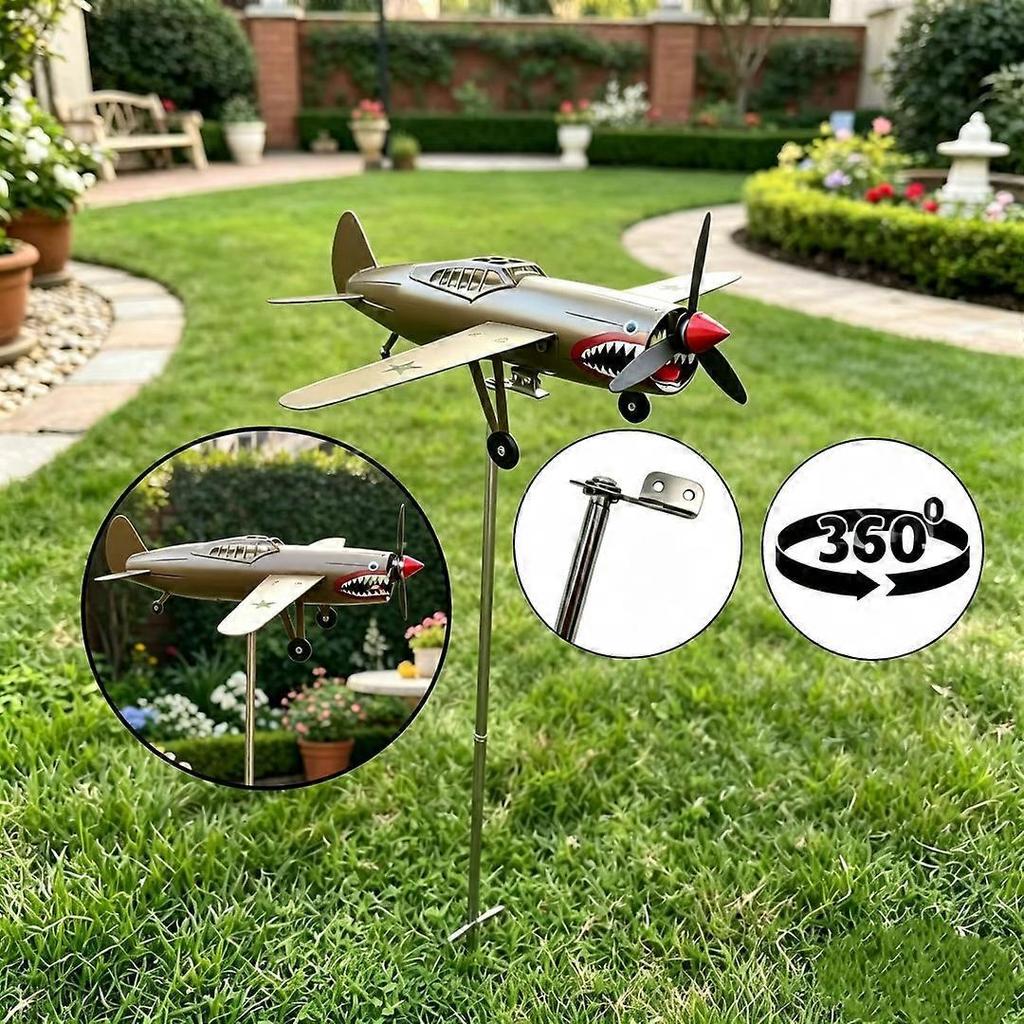 Shark Mouth Warplane Garden Wind Spinner, Metal Airplane Kinetic Sculpture, Outdoor Decor