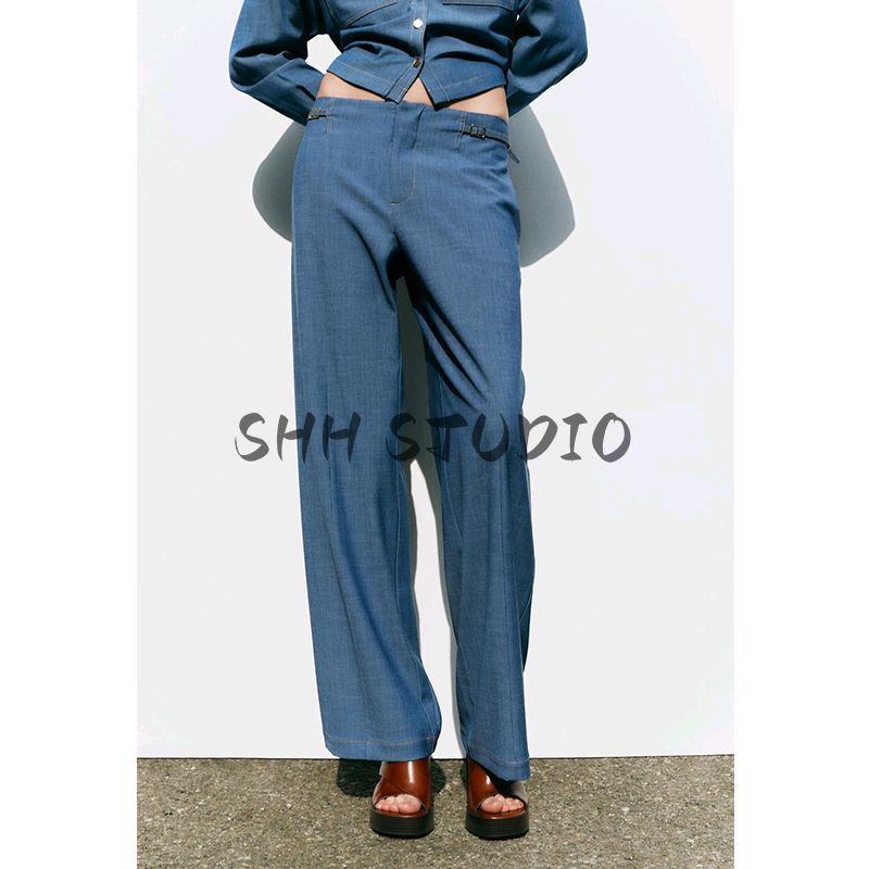Patch Pocket Long Sleeves Lapel Denim Shirt 4387027 Thin Belt Wide Leg High Waist Denim 4387025