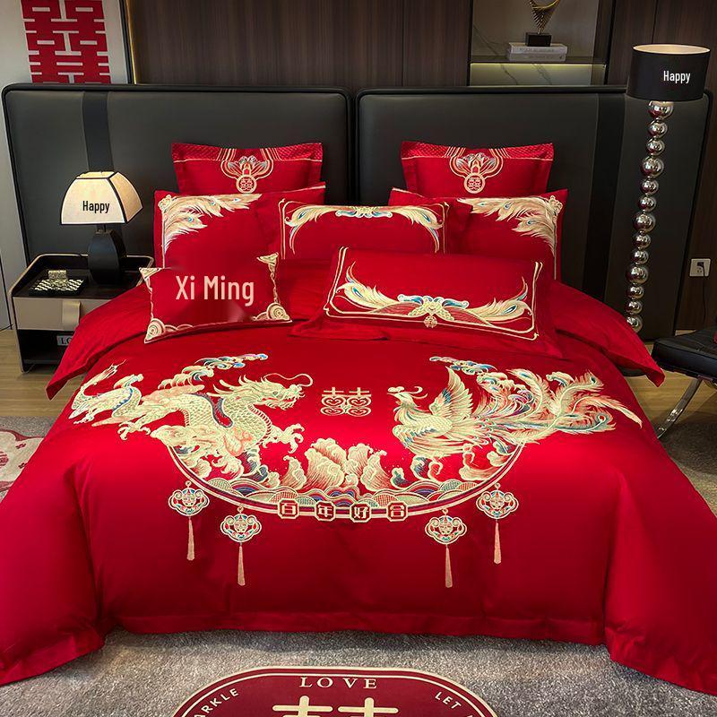 G5Z Κινεζικού Στυλ Κεντητό Κόκκινο Σετ Κλινοσκεπασμάτων Γάμου - Εορταστικό Τετραπλό Σετ με Παπλωματοκάλυμμα για Νιόπαντρα