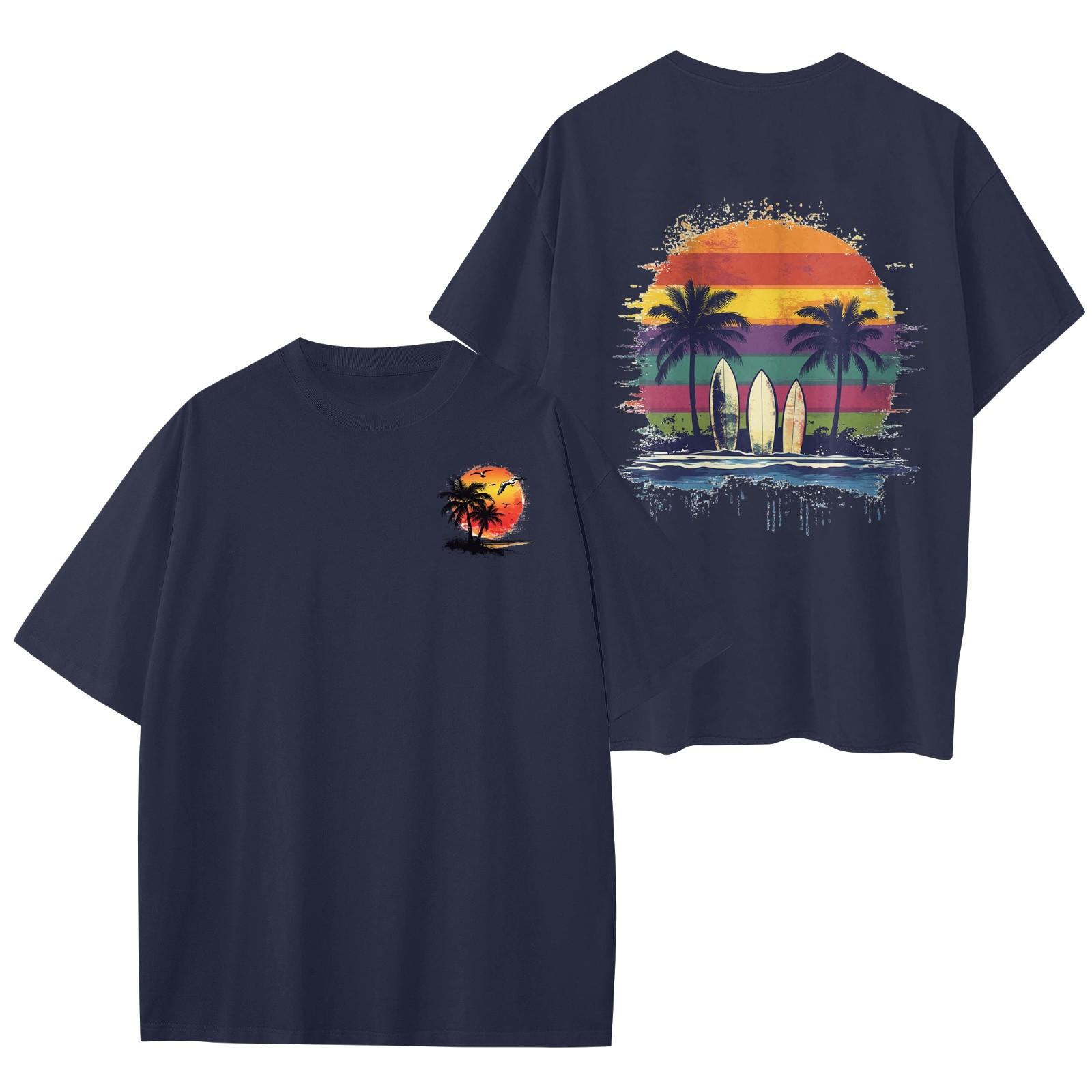 Женский круглый вырез модный свободный гавайский принт короткие рукава L тёмно-синий