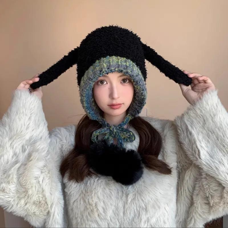 New Cute Rabbit Ear Hat for Women In Autumn and Winter Thickened Bicycle Hat Bag Integrated Knit Plush Hat