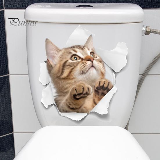 3D Pass Through Cat Toilet Sticker Removable Self-adhesive Waterproof PVC Living Room Bathroom Wall Art Broken Hole Kitten Toilet Lid Decoration Decal