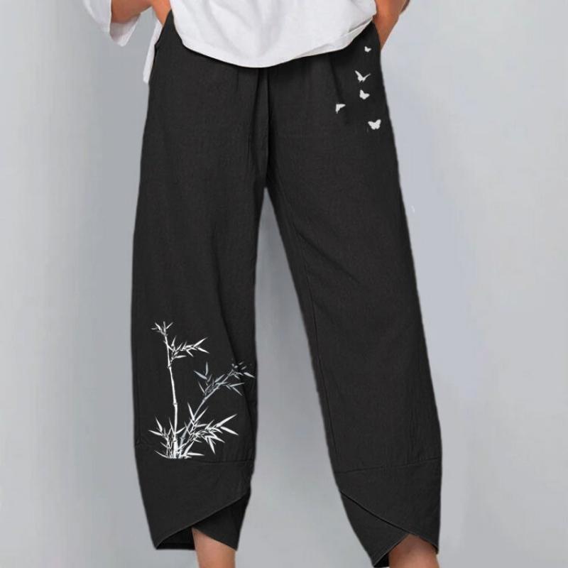 

Летние свободные хлопковые льняные повседневные женские брюки винтажные с принтом бабочки плюс размер широкие брюки женские модные однотонные брюки с высокой талией 24548 5XL чёрный
