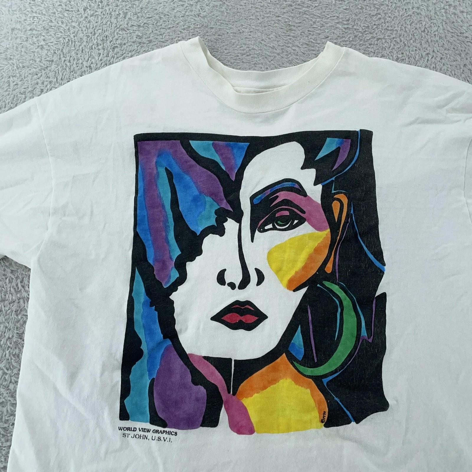 Vtg World View Graphics T-Shirt Mens Large Abstract Art St. John USVI USA 90s S