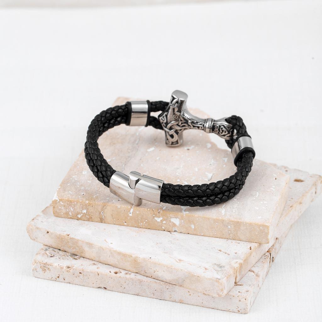 New European and American Fashion Stainless Steel Braided Leather Rope Men's Bracelet Viking Jewelry