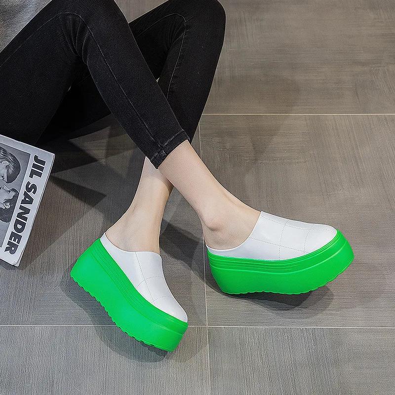 Fashion 2024 new Half slippers women's spring  slippers women's shoes solid color thick sole height 8cm green sole personality half drag