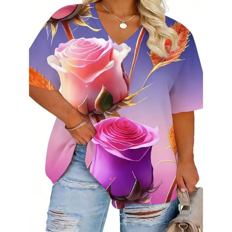 

Summer Peacock Flower T-Shirts Floral 3D Print Women V-Neck Short Sleeve T Shirt Y2K Tees Oversized Harajuku Top Female Clothing XL