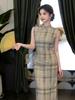 Light bean green plaid sleeveless cheongsam 1011 new new Chinese style gentle intellectual retro elegant temperament dress women