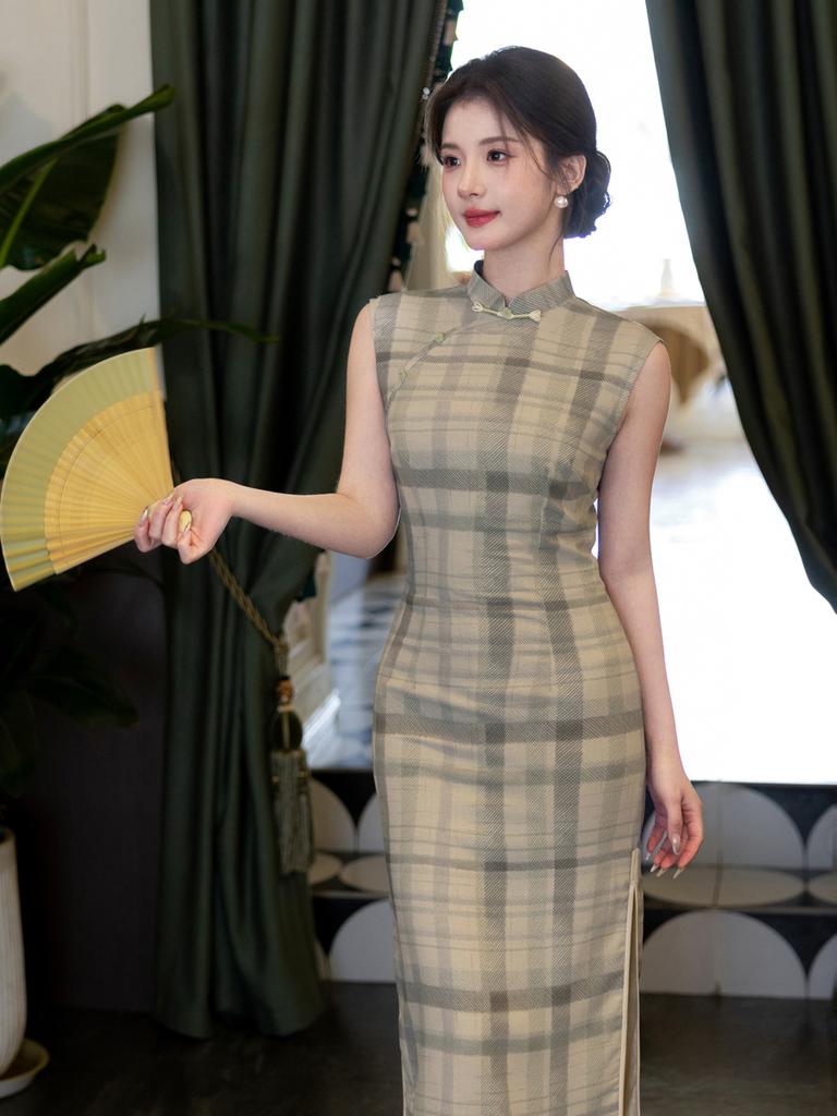 Light bean green plaid sleeveless cheongsam 1011 new new Chinese style gentle intellectual retro elegant temperament dress women