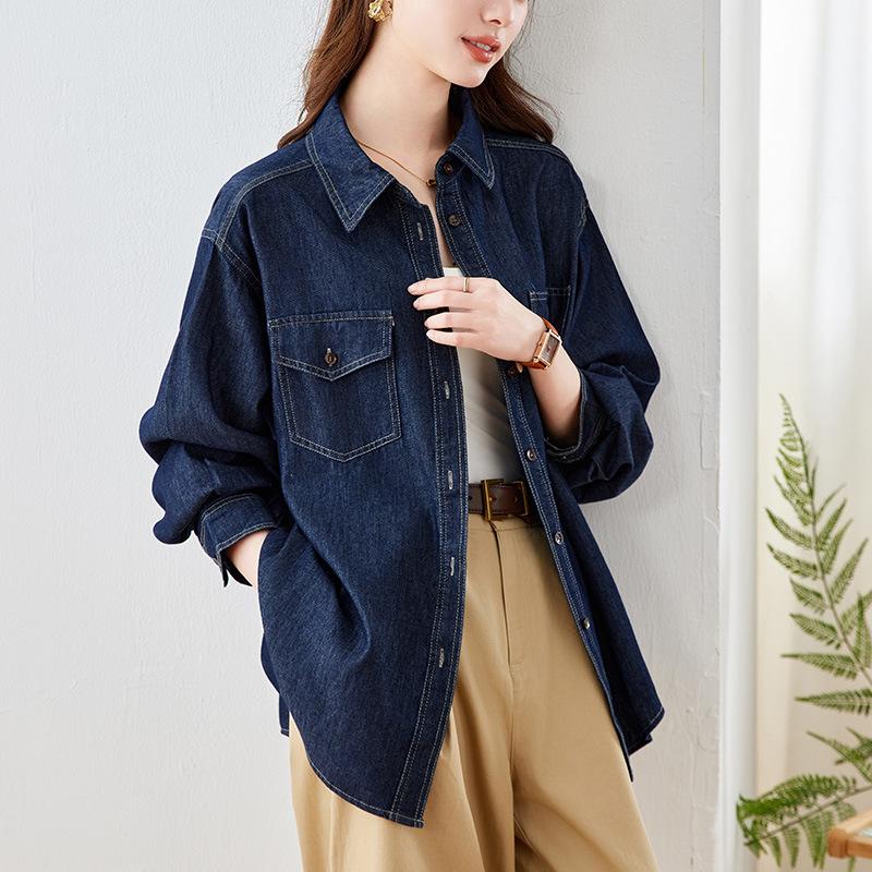 Cotton Cocoon Denim Shirt Jacket for Women Long Sleeve Spring New Retro Literary Top Blue Women's Shirt