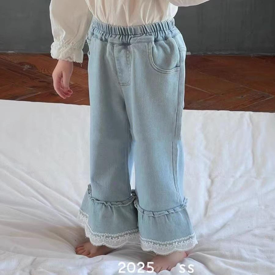 

Весна 2025 Джинсовые расклешенные брюки с кружевом для девочек в корейском стиле – Модные, облегающие, универсальные длинные детские брюки 110 cm