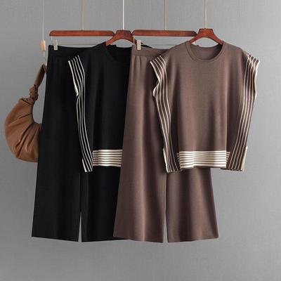 Fall Winter Lazy Wind Loose High Collar Pulllover Sweater Suit Women's Solid Color Short Sleeve Knit Wide Leg Pants Two Piece Set