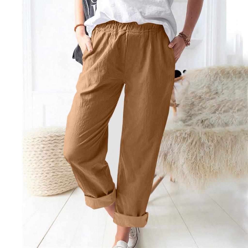 Damen Leinen Weite Hosen Elastischer Bund Lässige Lockere Hosen mit Taschen Leichte Alltags Hosen