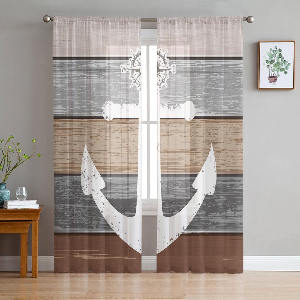 Vintage Farm Barn Wood Grain Boat Anchor Sheer Curtains for Living Room Modern Bedroom Voile Tulle Curtain Window Drapes