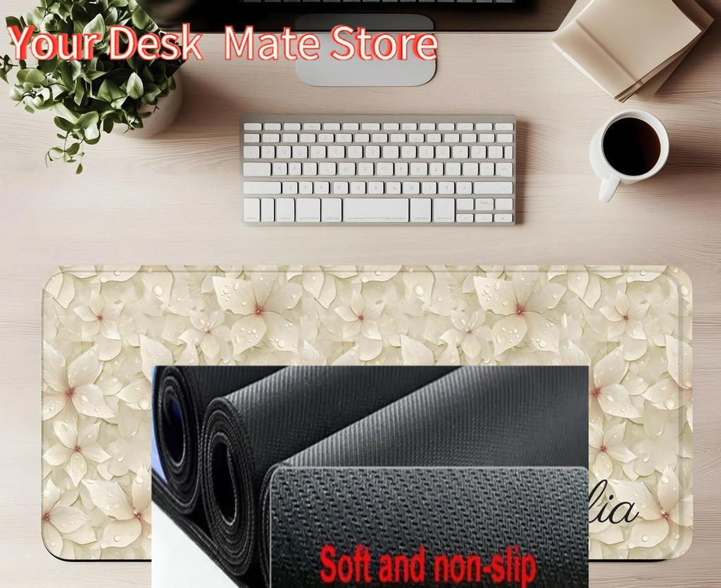 Custom D Floral Desk Mat Personalized Cream Flower Mouse Pad
