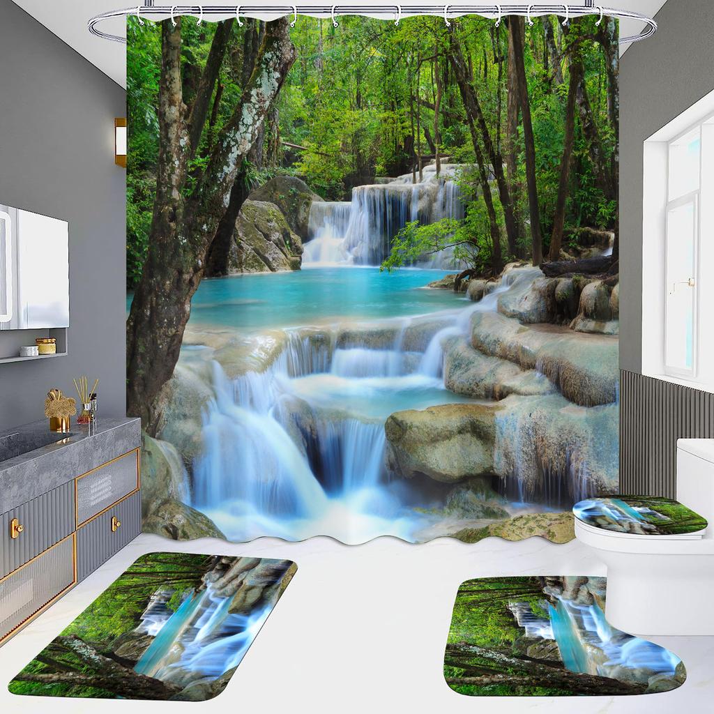 High Definition Digital Printing Shower Curtain Four-Piece Set Of Non-Punching Bathroom Bathroom Bathroom Partition Curtain Landscape