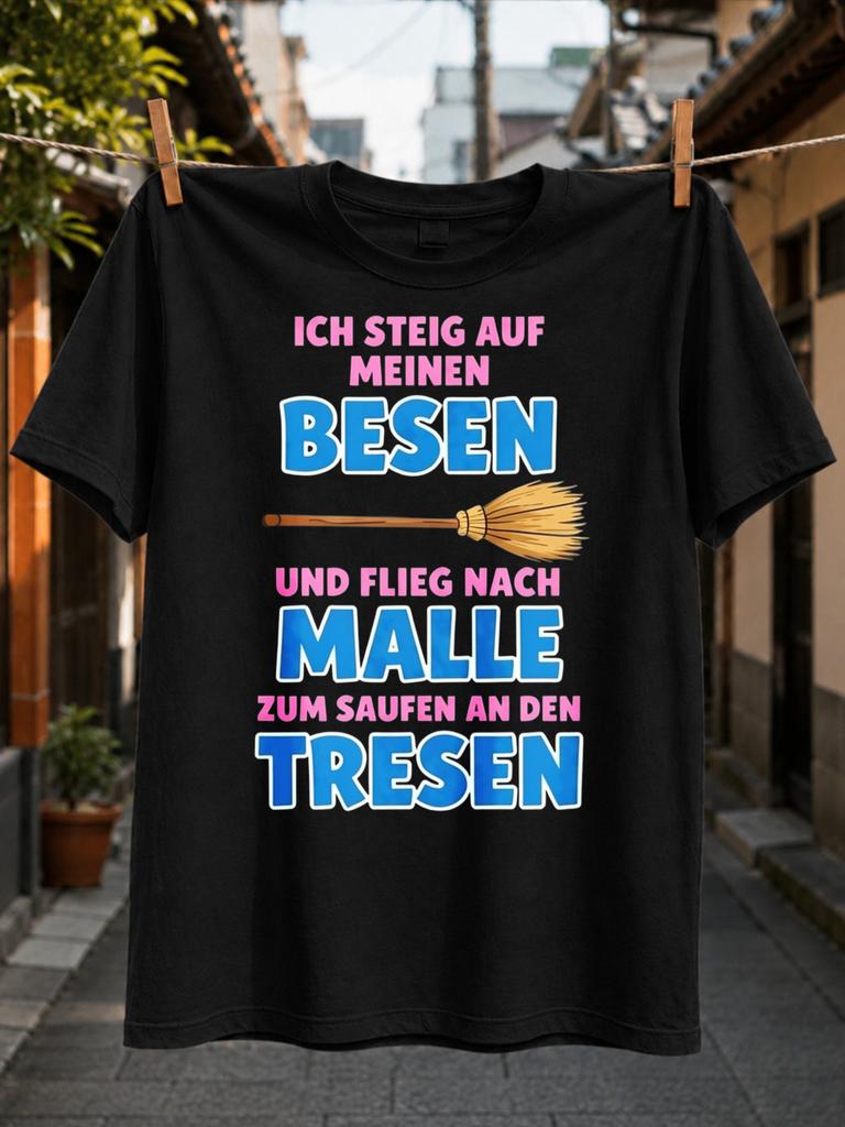 With Ich Steig Auf Meinen Besen Flieg Nach Malle Zum Saufen An Den Tresen Text And Simple Broom Unisex All Tshirt