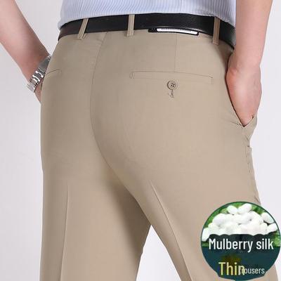Lichtgewicht zomerbroek van moerbeizijde voor heren - Los, recht, hoge taille, diep kruis, grote maten, casual voor mensen van middelbare leeftijd en vaders.