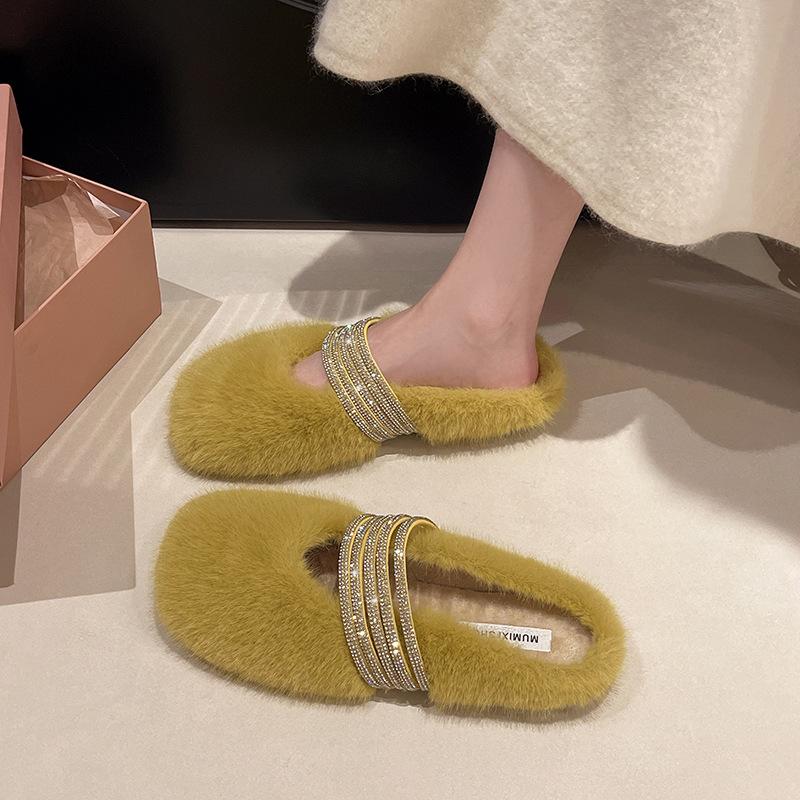 Premium Sense Rhinestone Fluffy Shoes Women's Winter Wear 2025 New One-pedal Cotton Shoes Winter Velvet Cotton Slippers