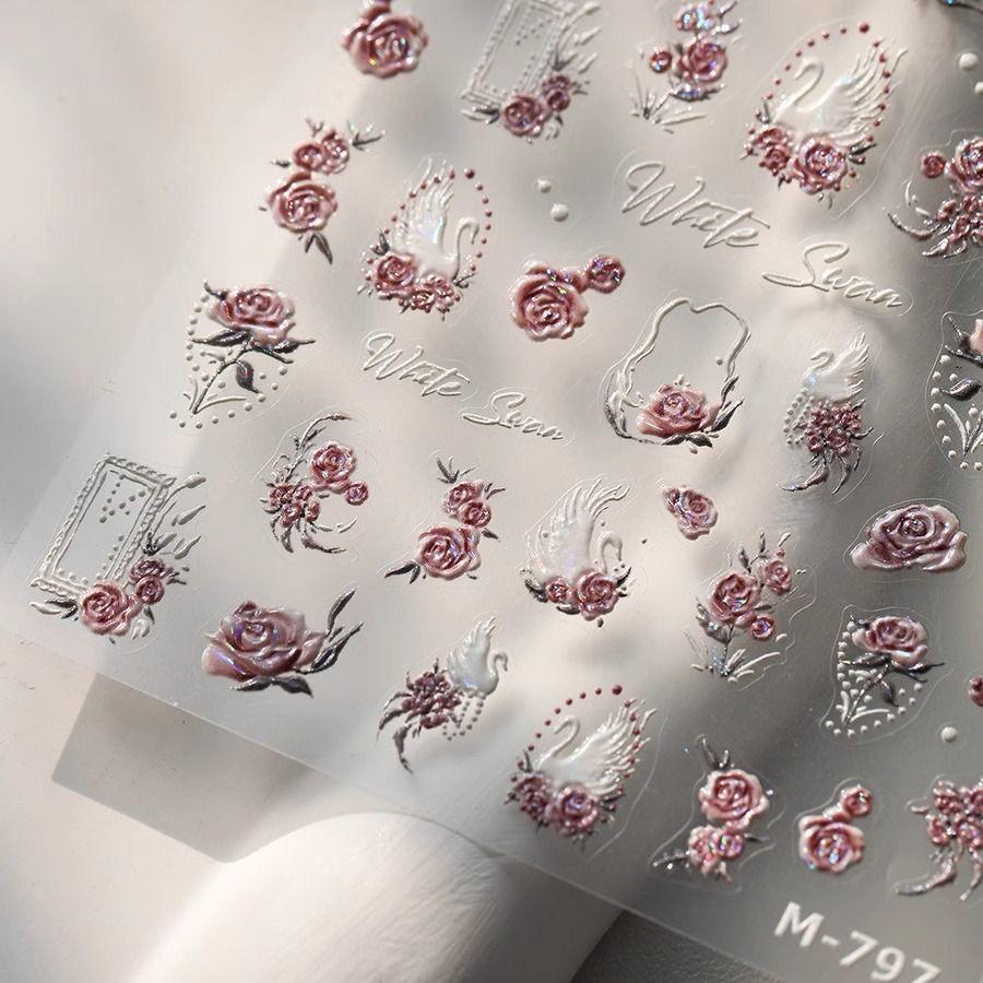 Elegant 3D Swan Flower Embossed Nail Art Stickers for Nails, Phones, and iPads