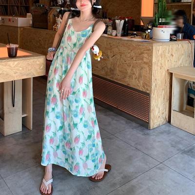 Yaz Lale Tatil Stili Askılı Etek Yaz Tatlı Smokin V Yaka Askılı Etek Tatlı Plaj Elbisesi