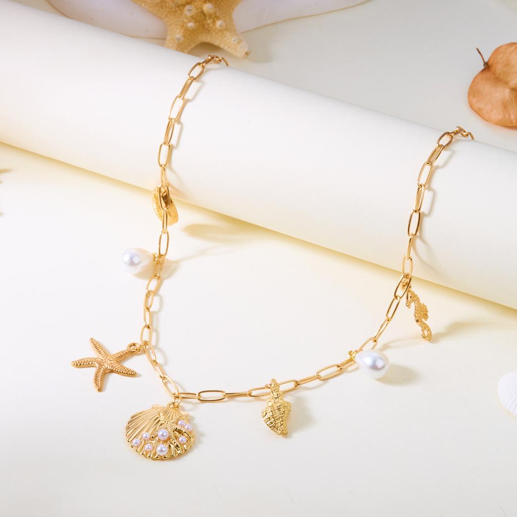 New Trendy Shell Starfish Conch Pendant Necklace for Women Minimalist Imitation Pearl Chain Necklace Summer Beach Party Jewelry