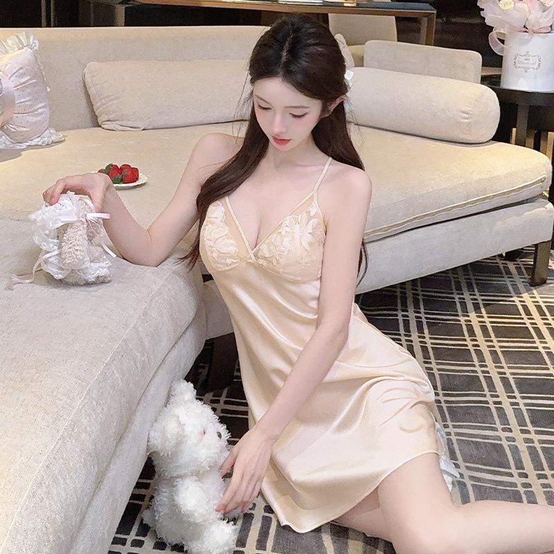 Vernis Ice Silk Suspender High-end Pajamas Women's Summer Sexy Lace Pure Desire Pajamas Ice and Snow Silk Loungewear