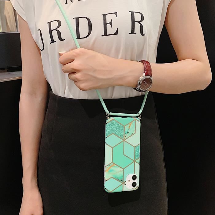 Coque pour iPhone 15 Pro, Protection Antichoc Motif Marbre Turquoise avec Cordon