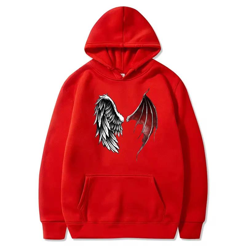 Demon And Angel Wings Print Hoodie Winter Fleece Long Sleeves Sport Jogging Pullover Sweatshirt Clothes