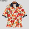 INCERUN Summer Men Lapel Neck Short Sleeve Floral Print Stitching Casual Oversized Hawaiian Shirts